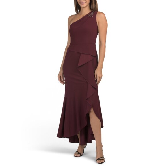 ADRIANNA PAPELL Blackened Red One Shoulder Gown With Beaded Detail - Picture 1 of 2
